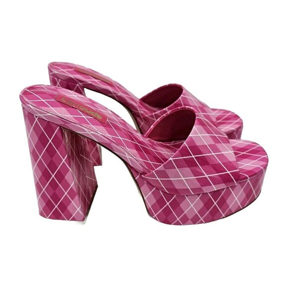 Larroude Dolly Argyle Platform Mule Plaid Pink Patent Sandals Block Heels Sz 7 - Picture 1 of 10